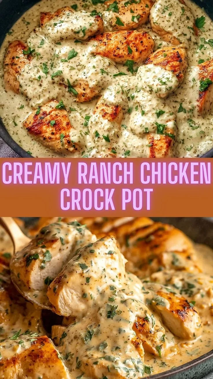 Creamy ranch chicken dish cooked in a crock pot, perfect for family dinners.