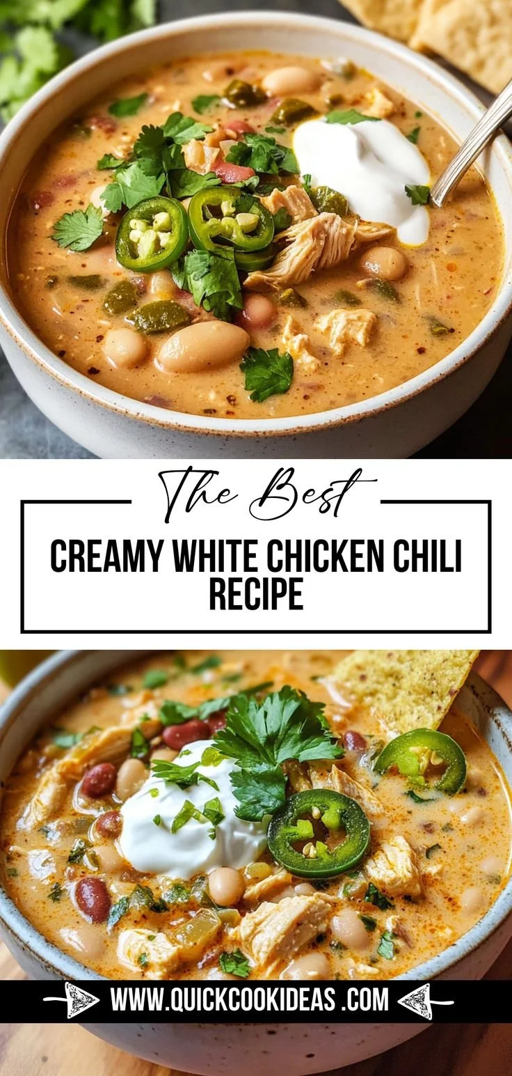 Delicious creamy white chicken chili served in a bowl with toppings.