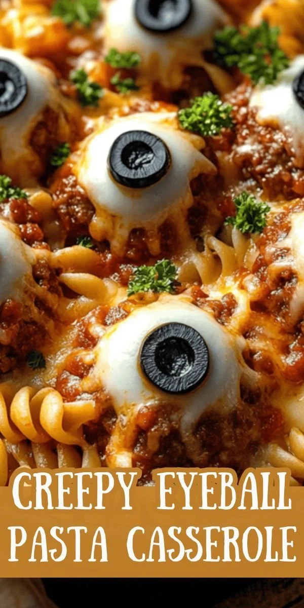 Creepy Eyeball Pasta Casserole garnished with spooky edible eyeballs