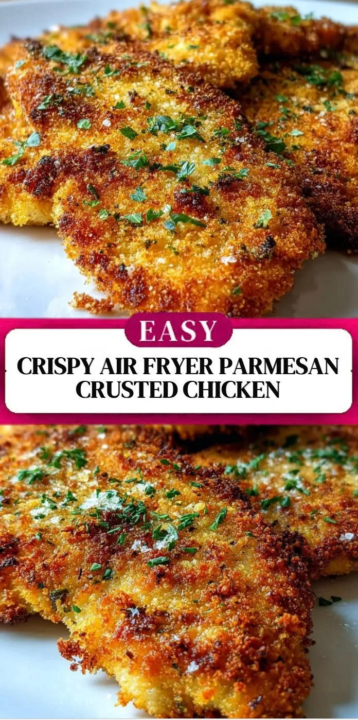 Crispy air fryer parmesan chicken served on a plate with herbs.