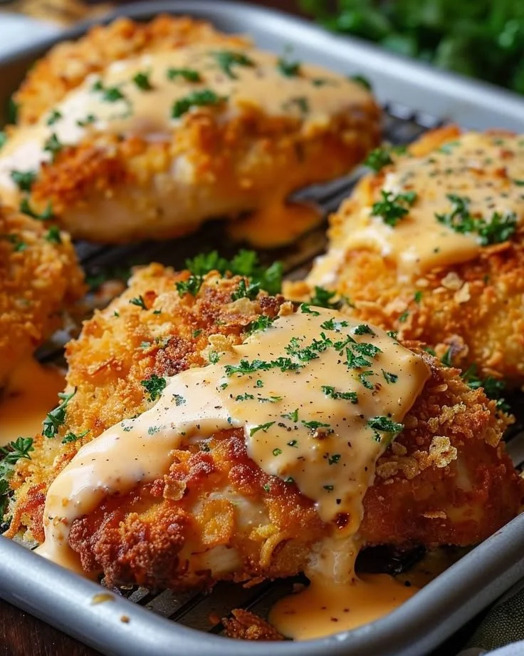 Delicious Crispy Cheddar Chicken served on a plate with herbs and sides.
