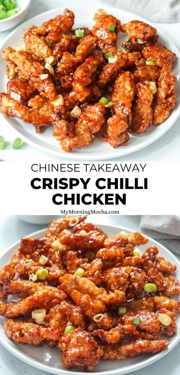 A delicious plate of crispy chilli chicken garnished with green onions.