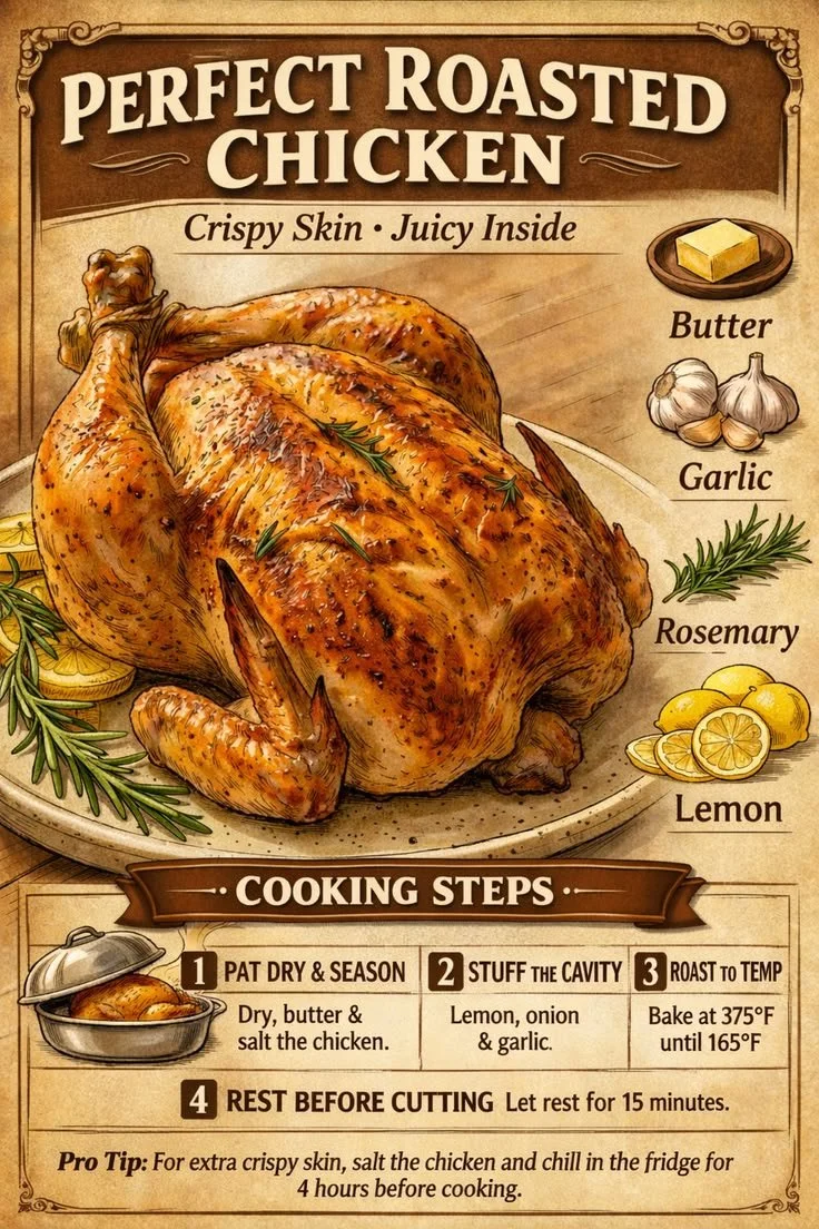 Crispy oven roasted chicken garnished with herbs, served on a platter.