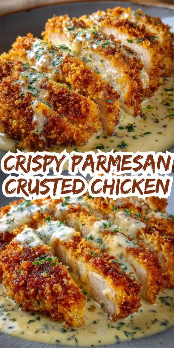 Crispy Parmesan crusted chicken served on a plate with herbs and garnish