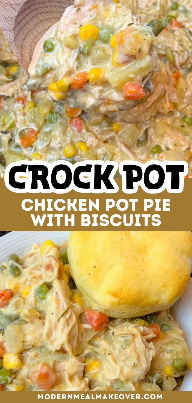 Delicious Crock Pot Chicken Pot Pie topped with flaky biscuits