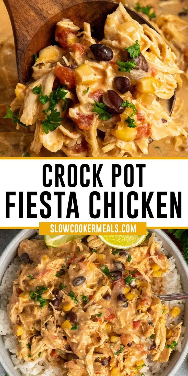 Crock Pot Fiesta Chicken served with colorful toppings and spices