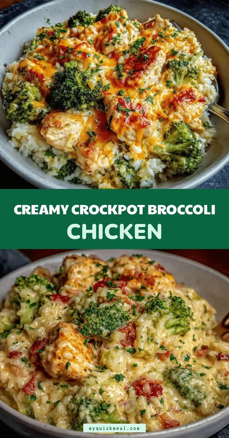 Crockpot Broccoli Cheddar Chicken and Rice recipe plated with fresh herbs