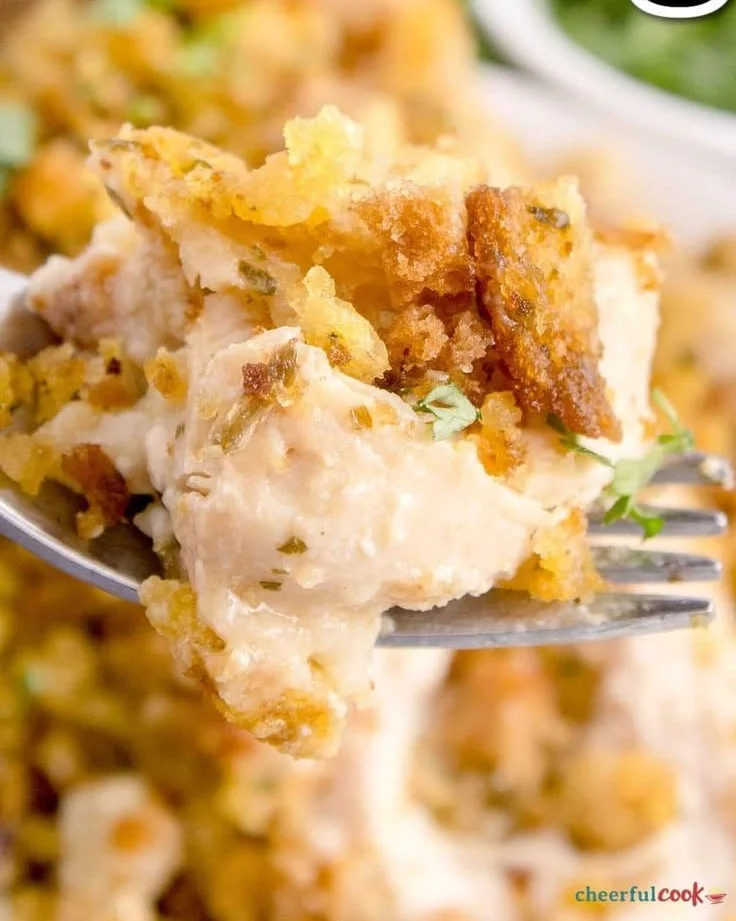 Crockpot Chicken and Stuffing dish ready to serve