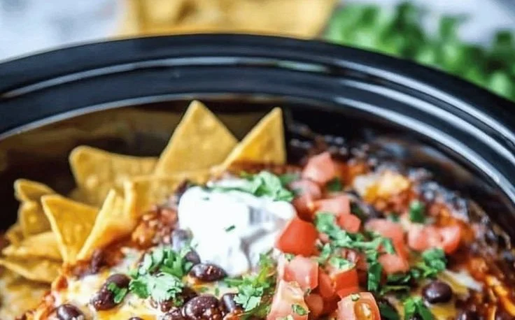 Delicious crockpot chicken enchilada casserole topped with cheese and cilantro