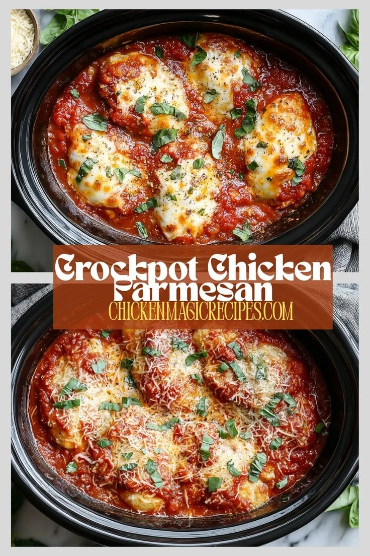 Crockpot Chicken Parmesan served with pasta and garnished with basil