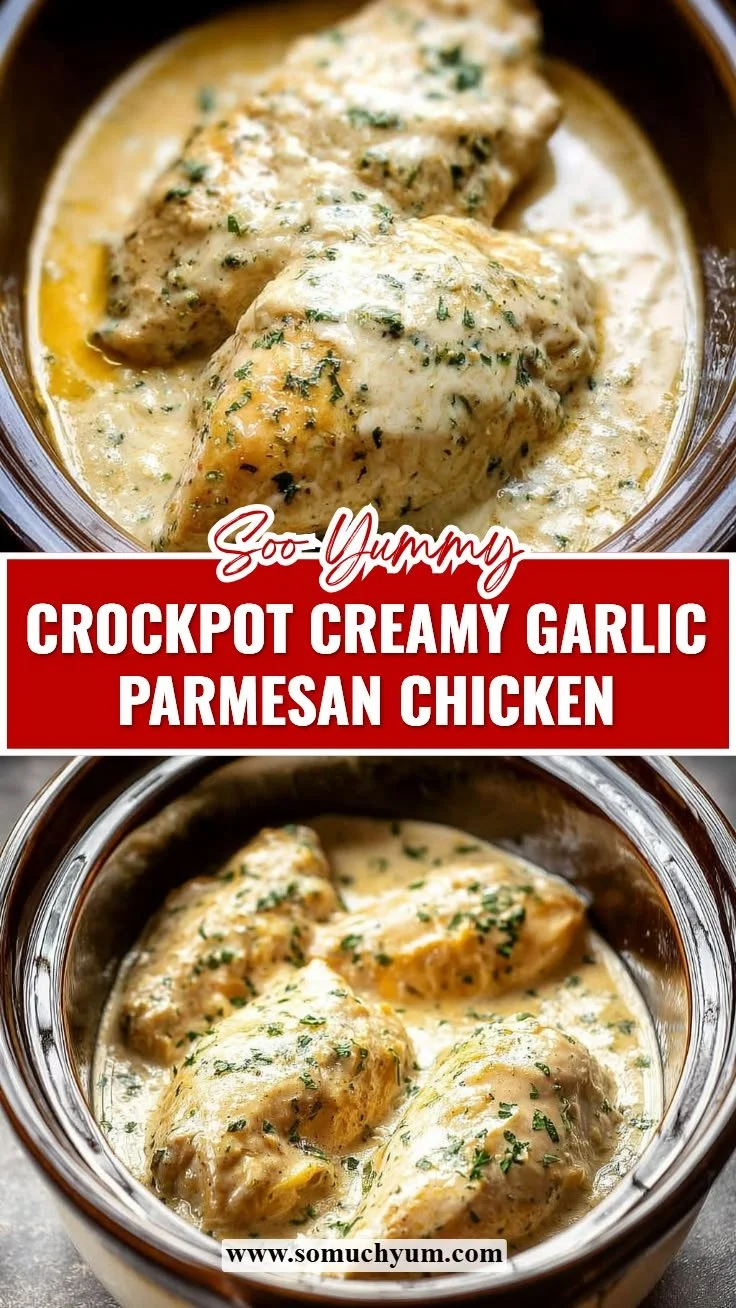 Crockpot creamy garlic parmesan chicken served with herbs and a side dish