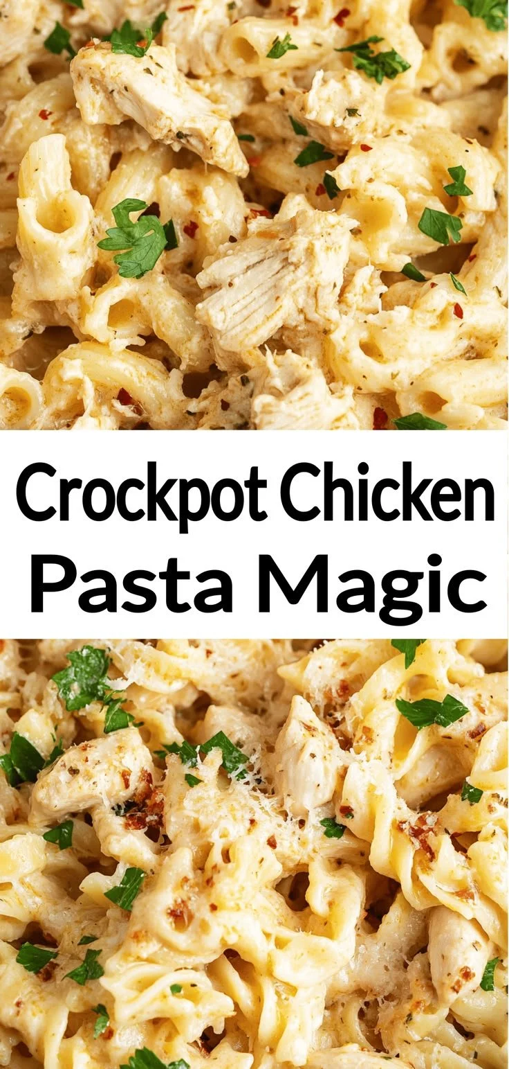 Crockpot Garlic Parmesan Chicken Pasta dish with chicken, pasta, and garlic sauce