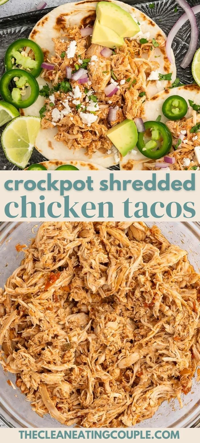 Crockpot shredded chicken tacos garnished with fresh cilantro and lime