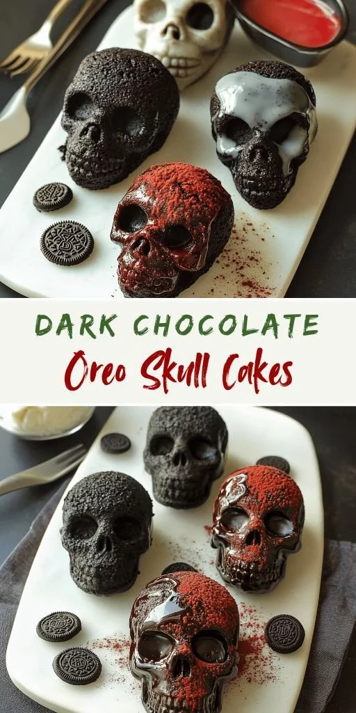 Dark Chocolate & Oreo Mini Skull Cakes with skull shapes and festive decorations.