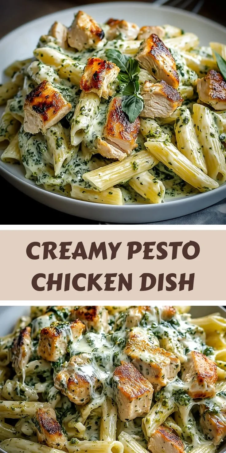 Creamy pesto chicken pasta dish garnished with basil and grated Parmesan cheese.