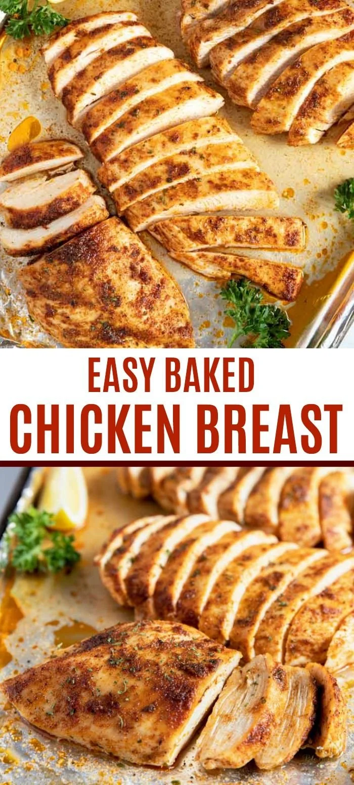 Juicy and flavorful easy baked chicken breast dish served on a plate