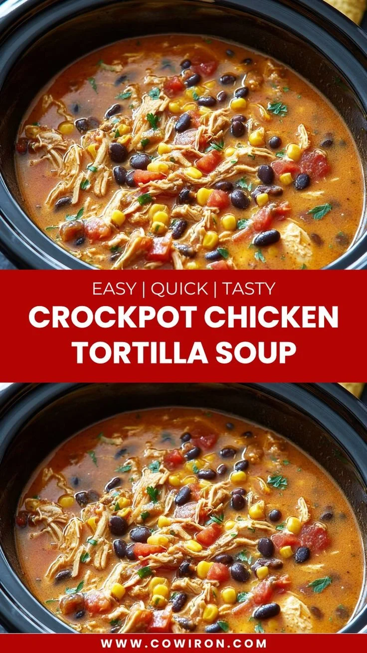 A bowl of easy crockpot chicken tortilla soup garnished with tortilla strips and cilantro