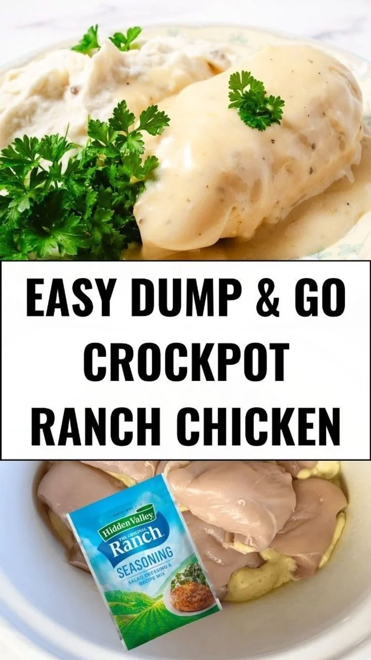 A delicious bowl of creamy ranch chicken cooked in a CrockPot, garnished with herbs.