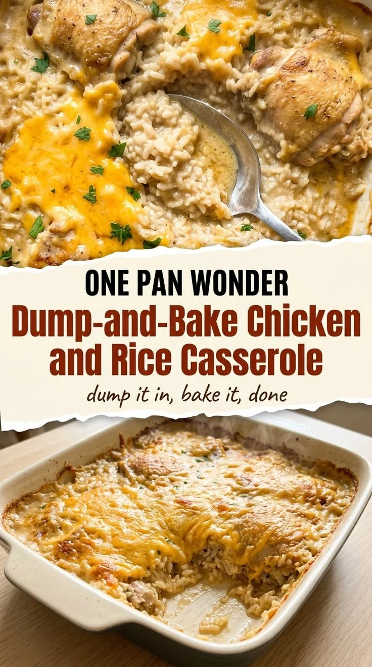 Easy dump-and-bake chicken rice casserole in a baking dish