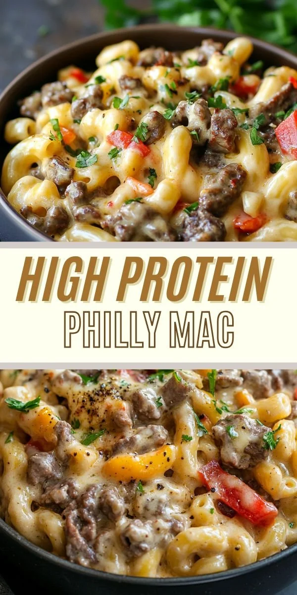 High-protein Philly cheesesteak mac served in a bowl with cheese and beef.