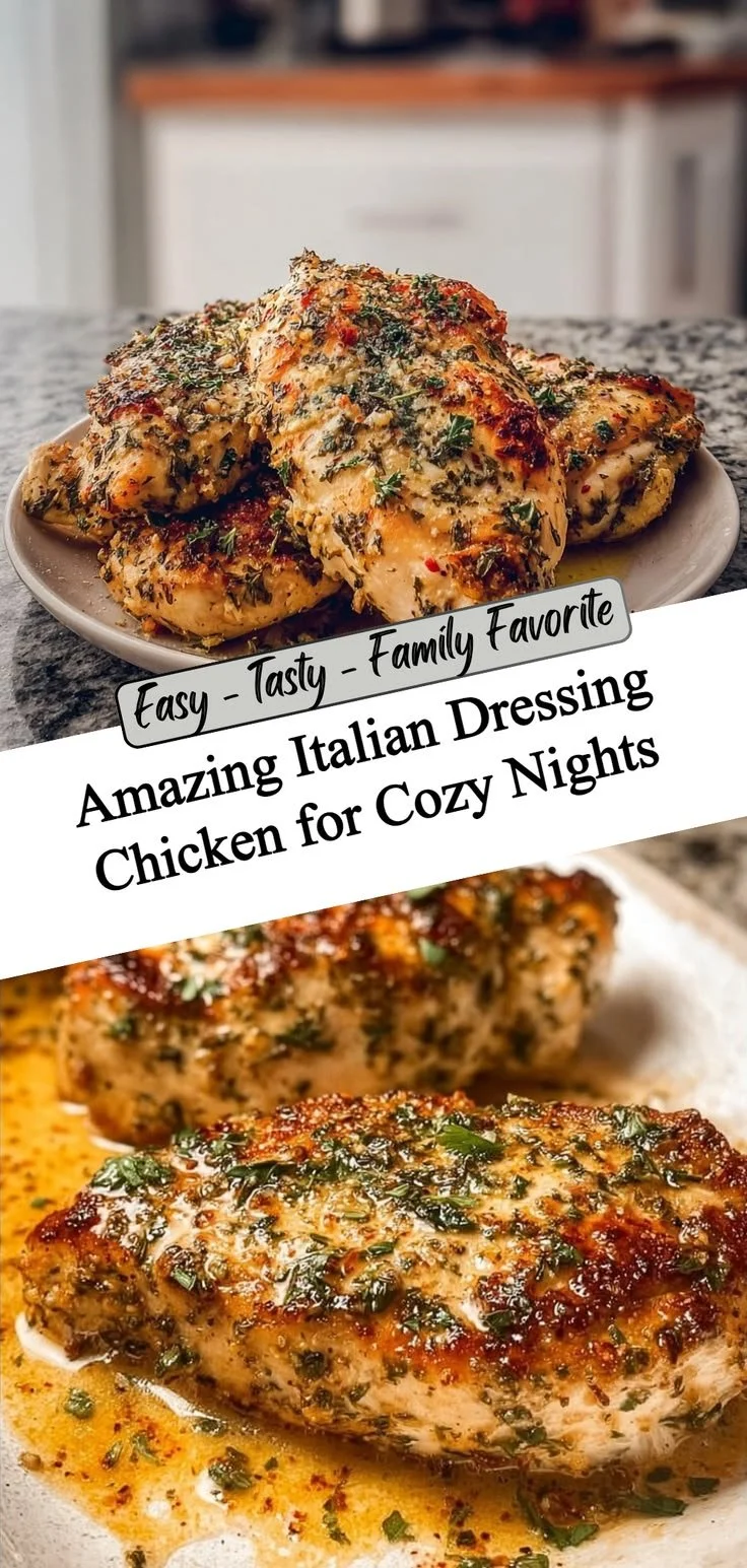 Plate of juicy Easy Italian Dressing Chicken garnished with herbs