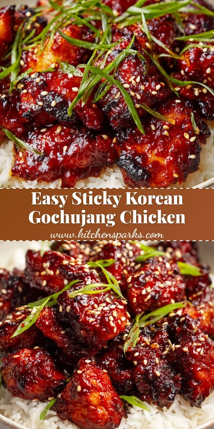 Delicious one-pan sticky Korean gochujang chicken served with rice and vegetables