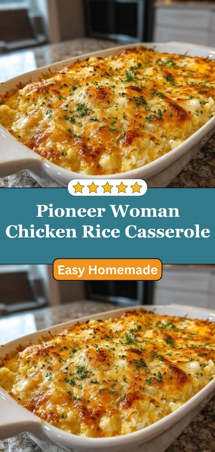 Easy Pioneer Woman chicken rice casserole recipe served in a baking dish.