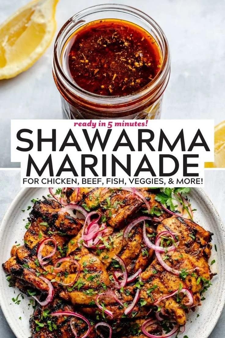 Homemade shawarma marinade ingredients and preparation process.
