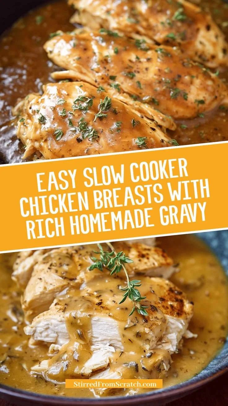 Delicious easy slow cooker chicken breasts topped with rich homemade gravy.