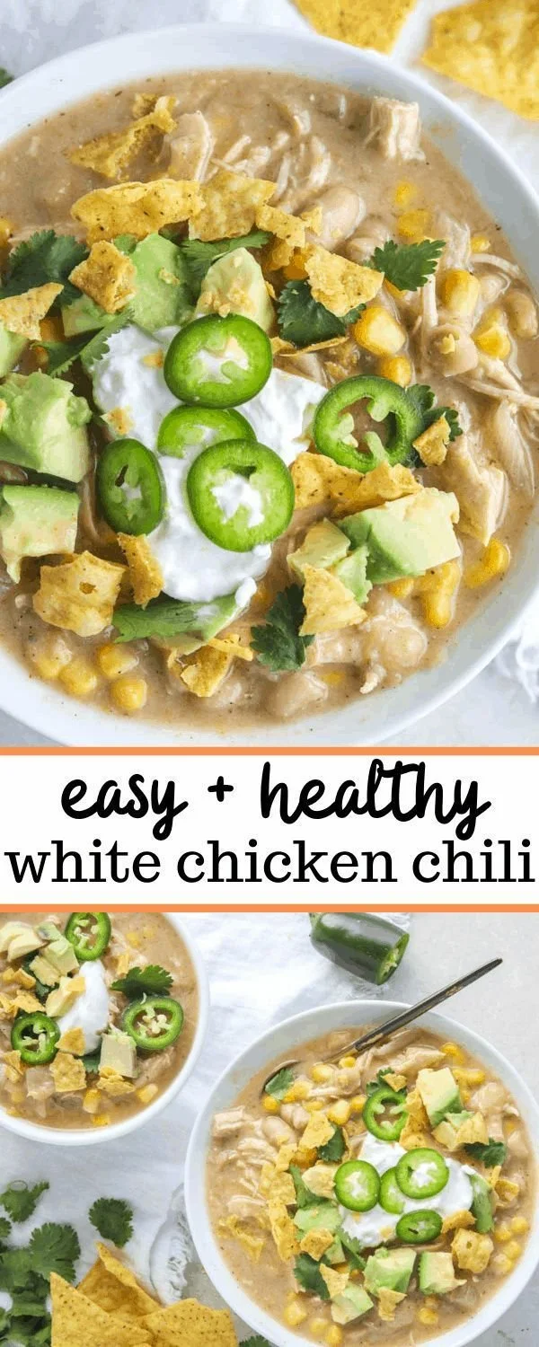 Bowl of easy white chicken chili made in stovetop and crockpot