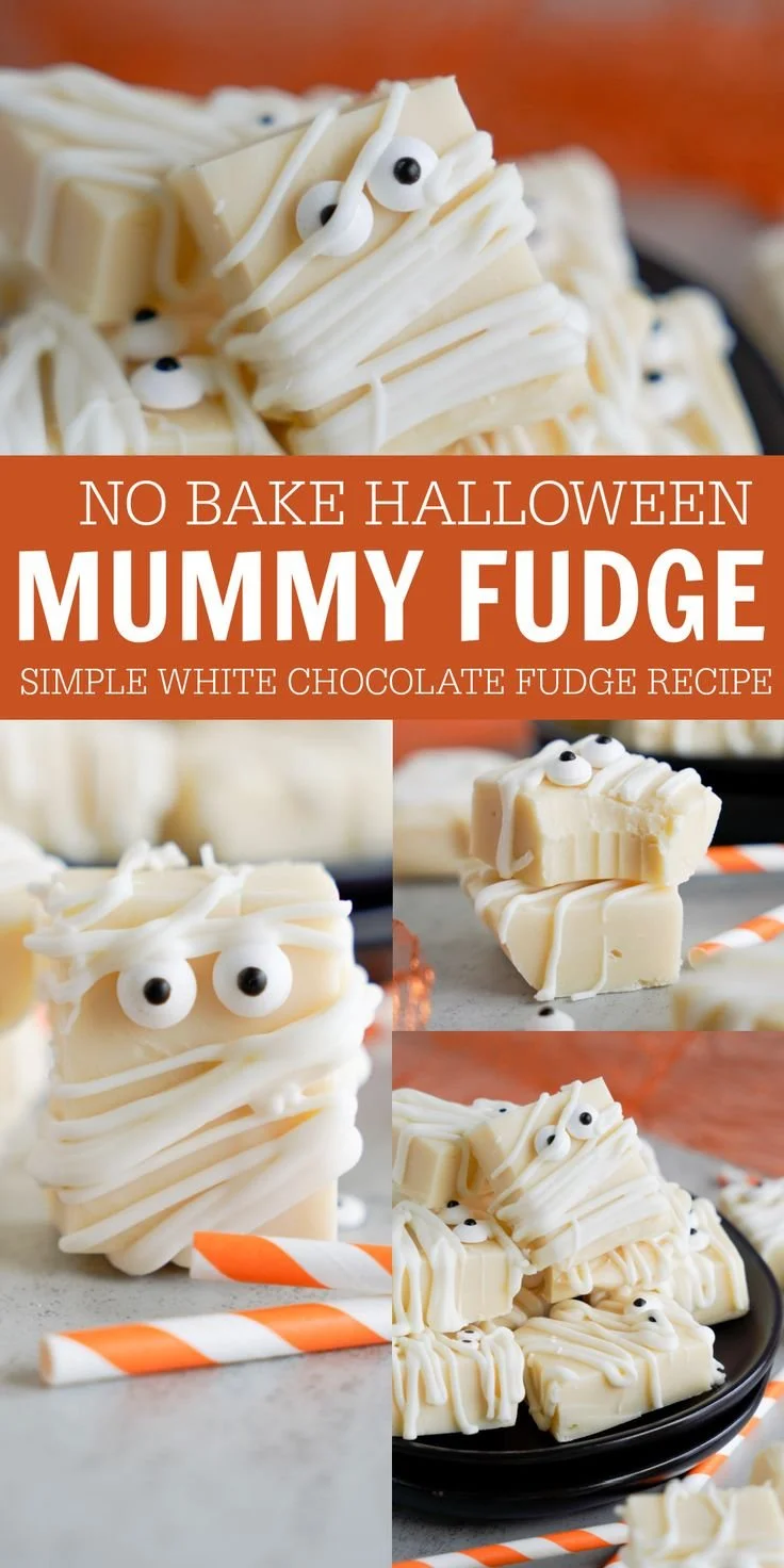 Easy white chocolate mummy fudge recipe for Halloween dessert