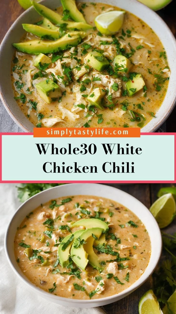 Bowl of Easy Whole30 White Chicken Chili topped with cilantro and lime.