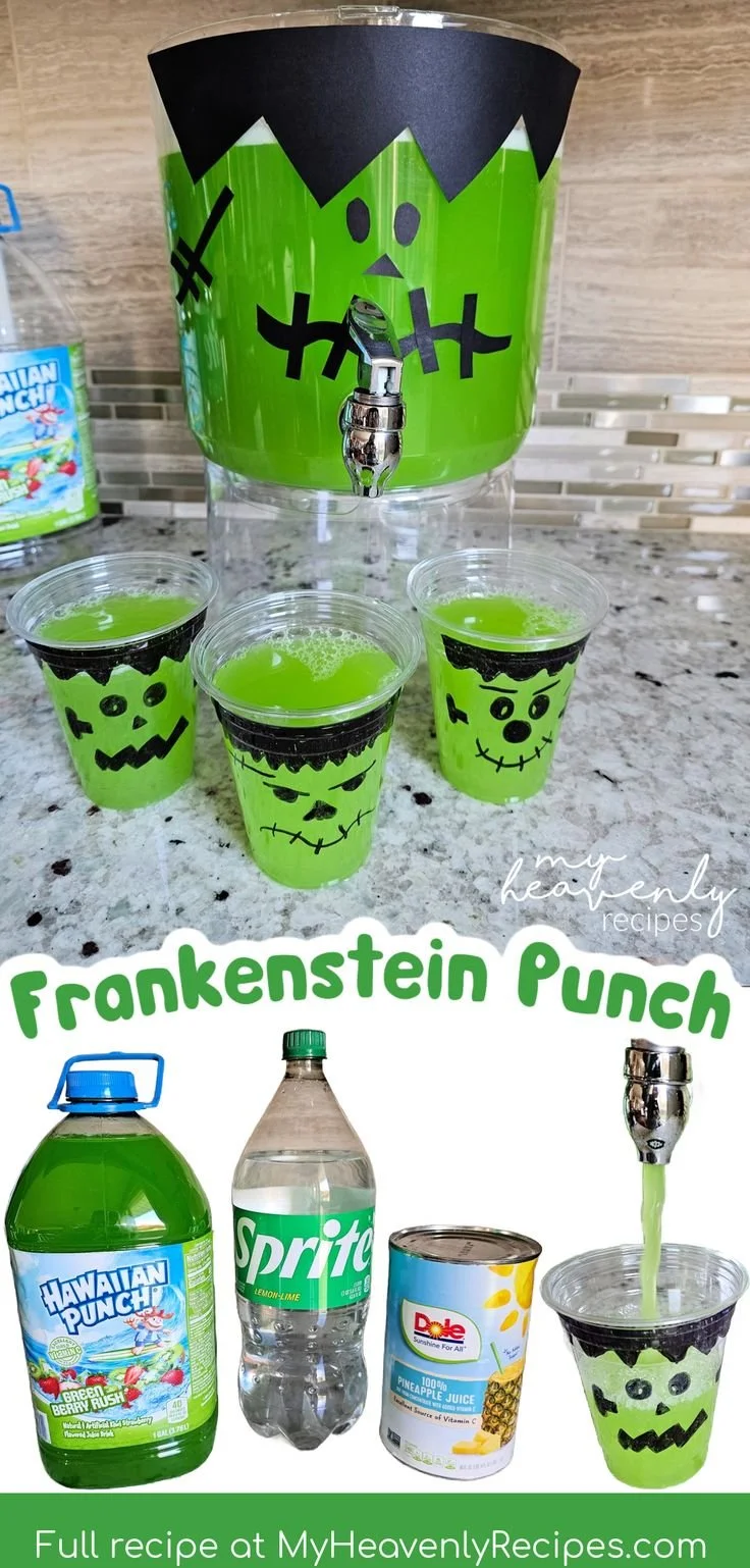 Frankenstein green punch in a spooky Halloween-themed bowl