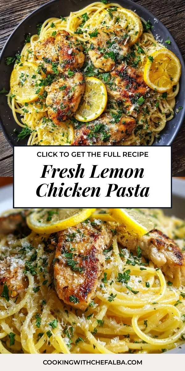 A vibrant dish of fresh lemon chicken pasta garnished with herbs.