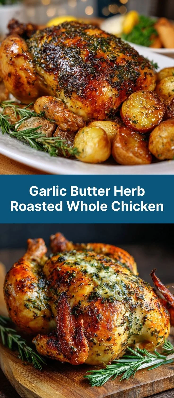 Garlic butter herb roasted whole chicken garnished with fresh herbs