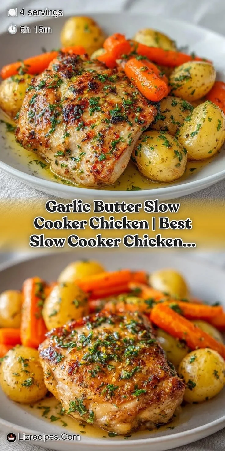 Delicious garlic butter chicken cooked in a slow cooker, garnished with herbs.