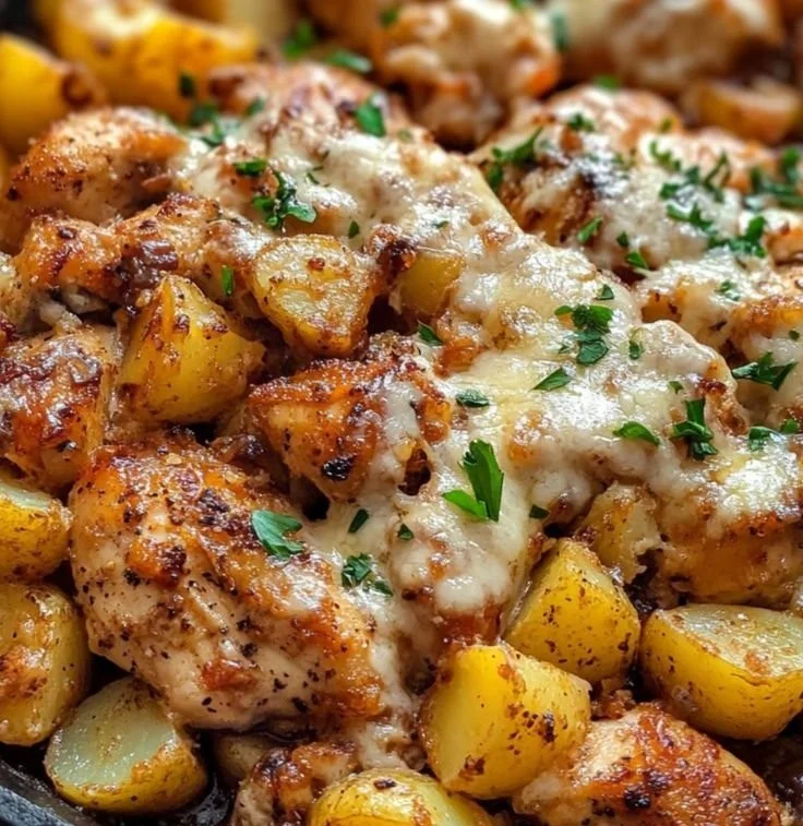 Garlic Parmesan Chicken served with roasted potatoes on a plate