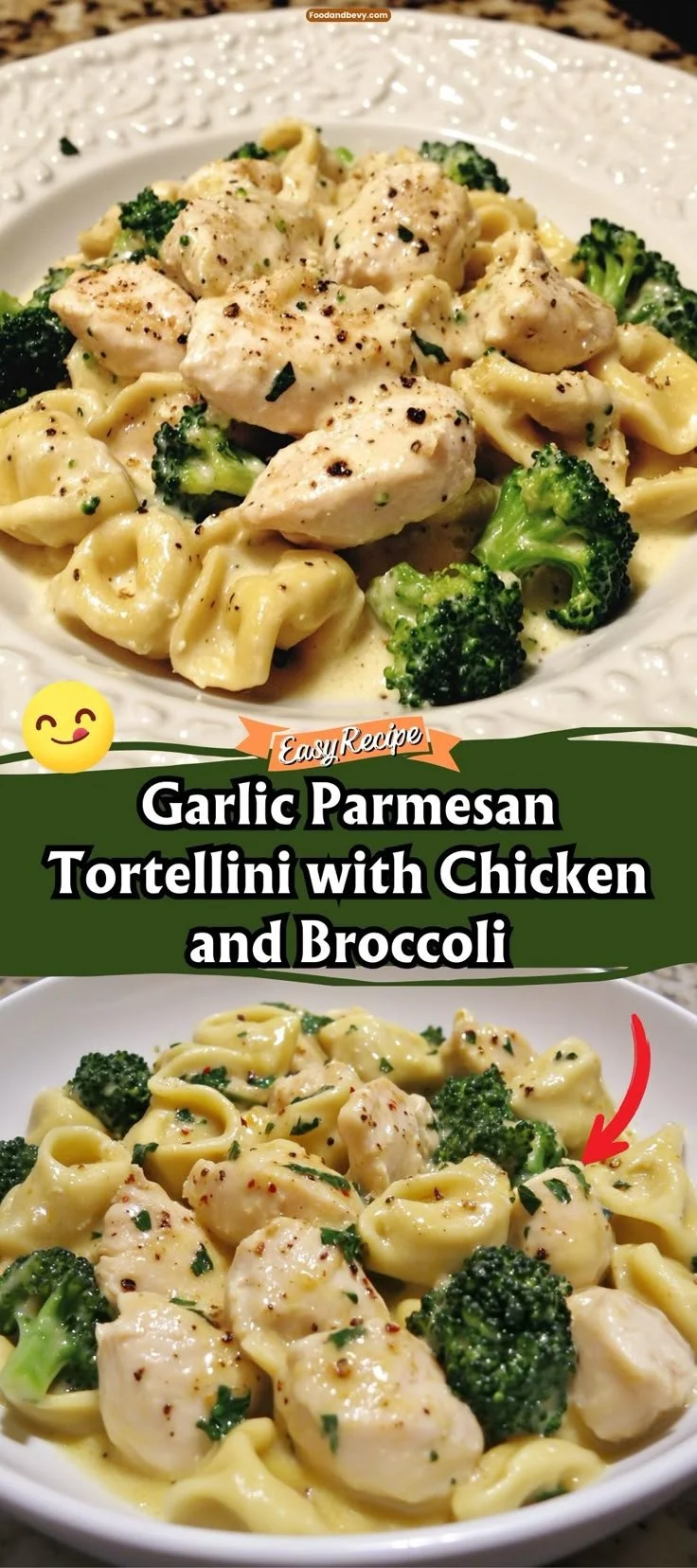 Garlic Parmesan Tortellini with Chicken and Broccoli, a creamy pasta dish