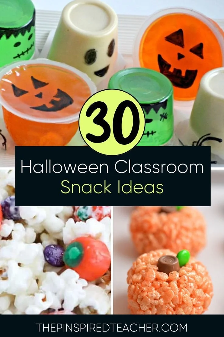 Assorted Halloween snacks for classroom party including spooky treats.