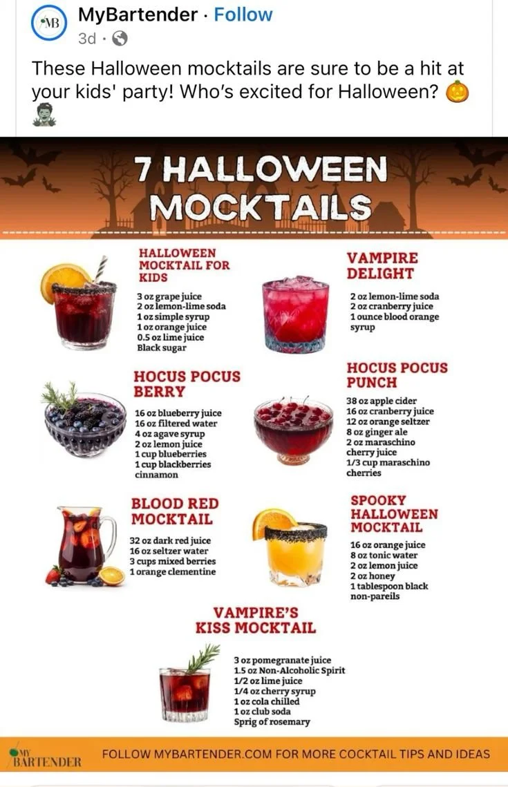 Colorful Halloween mocktails with spooky decorations and garnishes