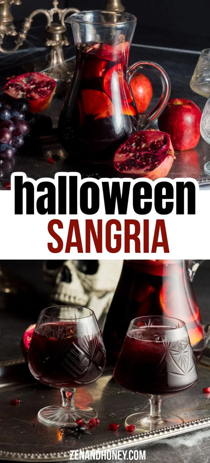 Glass of festive Halloween Sangria with spooky decorations