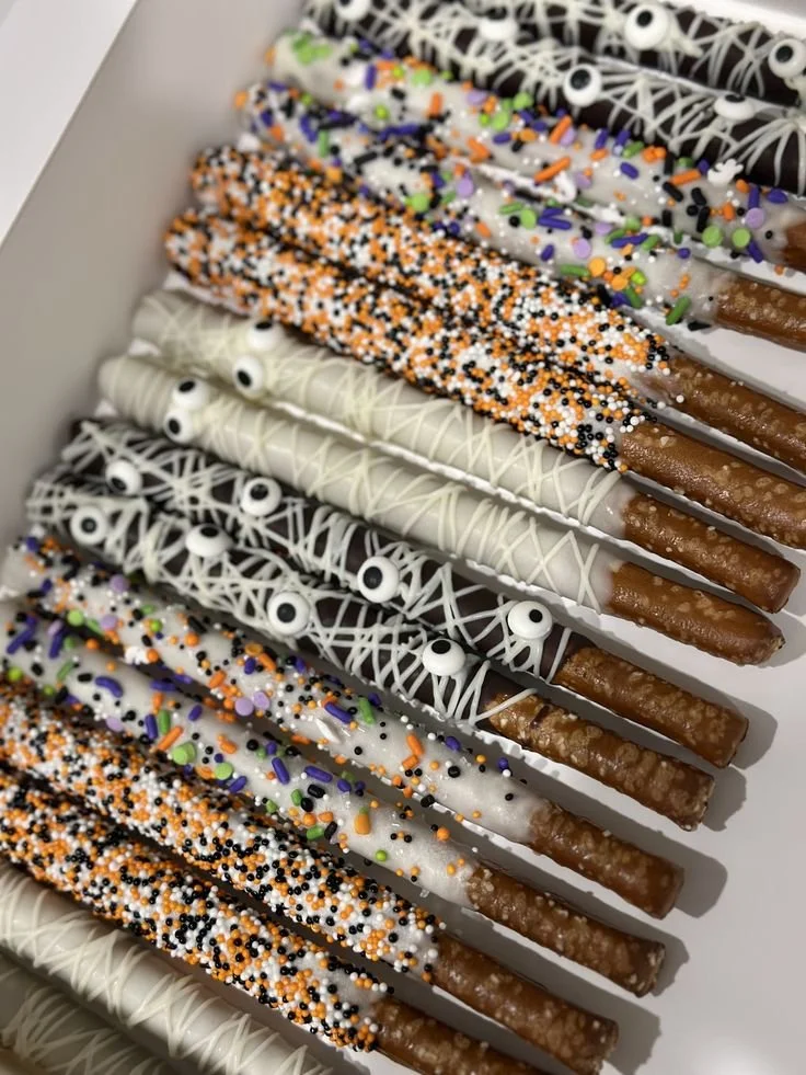 Spooky Halloween pretzels decorated in festive colors and shapes.