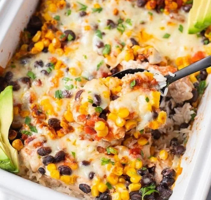 Healthy Southwest Chicken Casserole with vegetables and chicken in a baking dish