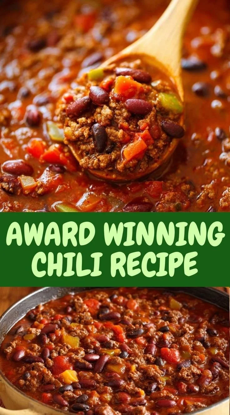 A bowl of hearty award-winning chili garnished with herbs and spices.