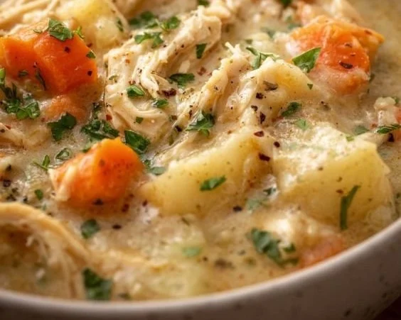 High protein chicken pot pie soup in a bowl with ingredients