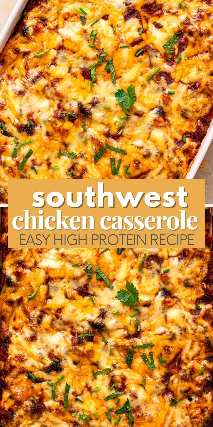 High protein Southwest chicken casserole with vegetables and cheese