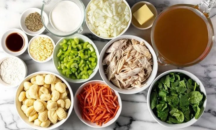 Bowl of homemade chicken gnocchi soup with herbs and vegetables