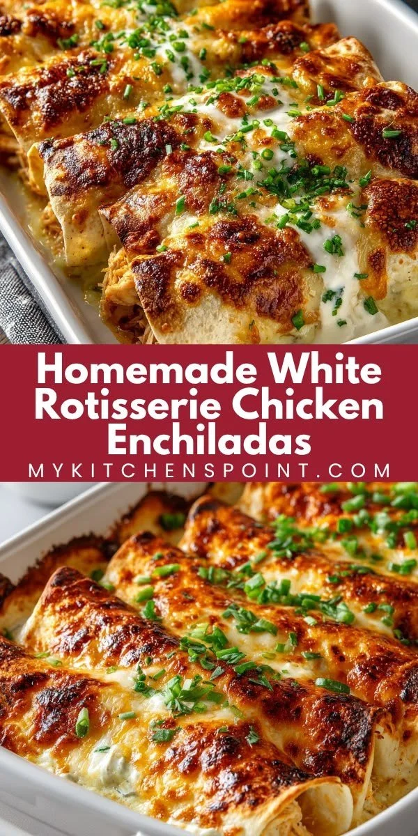 Delicious homemade white rotisserie chicken enchiladas served on a plate