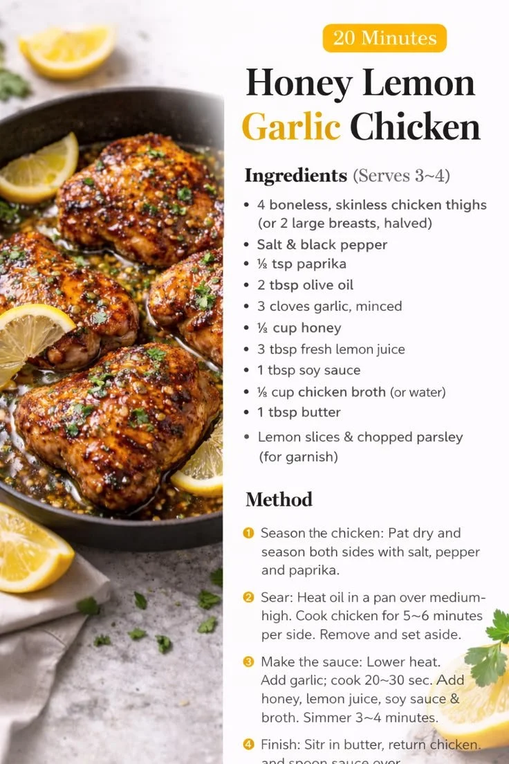 Delicious Honey Lemon Garlic Chicken served in a skillet, easy weeknight dinner