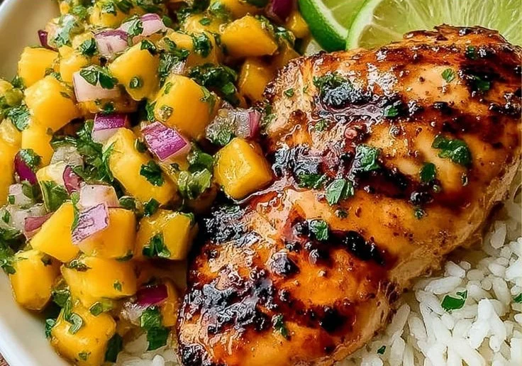 Honey Lime Chicken garnished with vibrant mango salsa on a plate